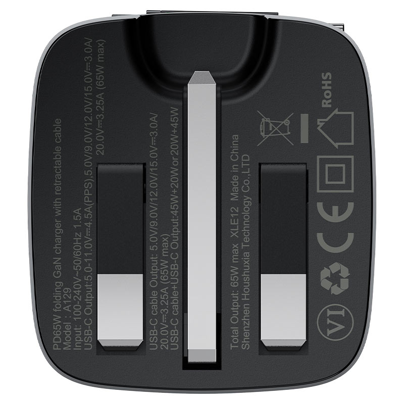 AceFast | 18502 | A129 | PD65W Folding Gan Charger (Usb C+Usb C) With Retractable Cable | UK | Black AceFast | 18502 | A129 | PD65W Folding Gan Charger (Usb C+Usb C) With Retractable Cable | UK | Black